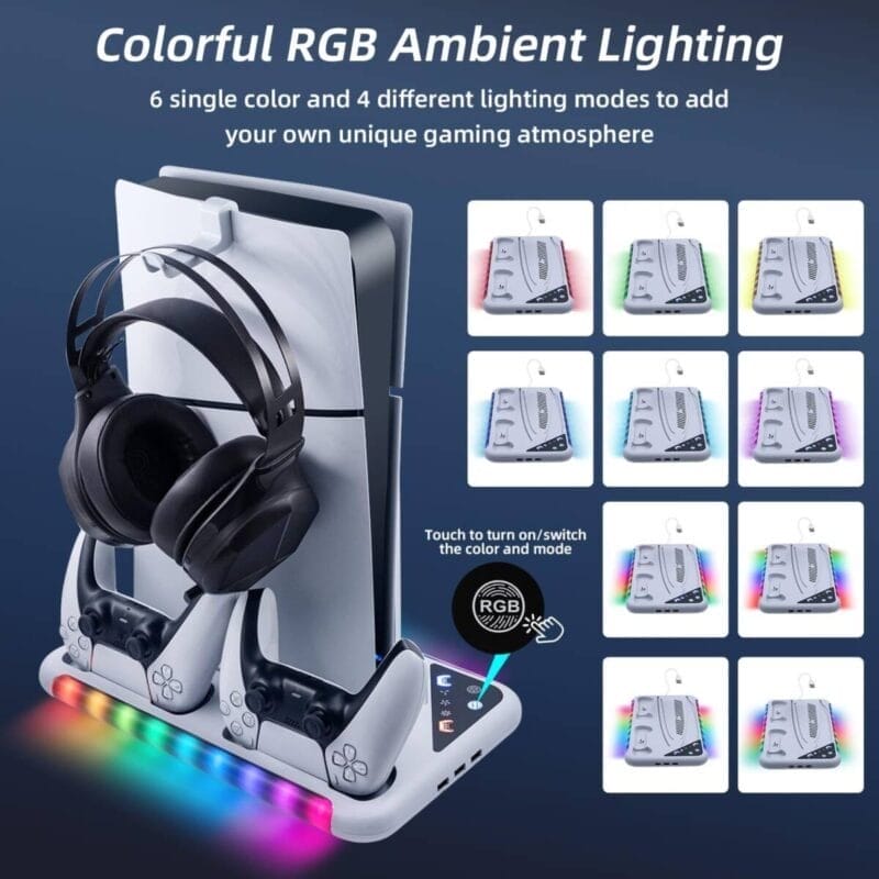 Wigearss Multifunctional RGB Cooling Stand with Headphone Hook for PS5/PS5 Slim